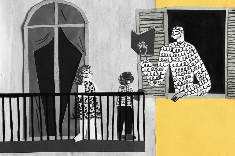 line drawing of man reading on balcony reading to children on neighbouring balcony