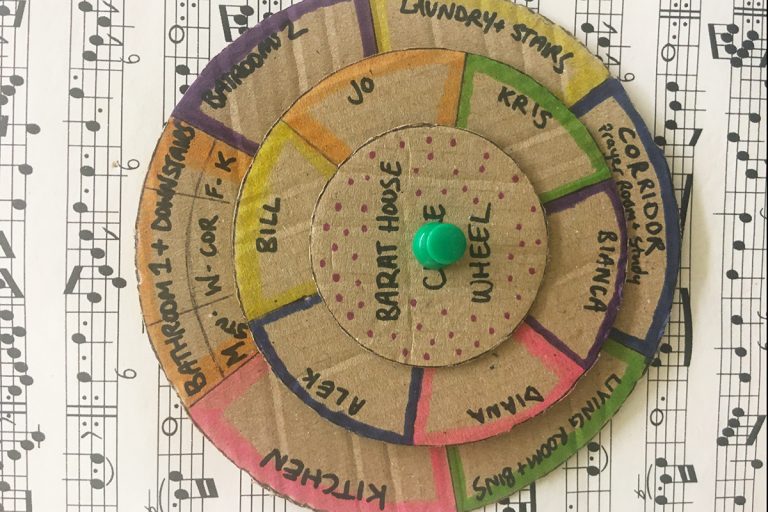 cardboard wheel listing names and chores
