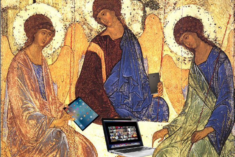 Ancient painting of three figures around table modified to show them with electronic devices