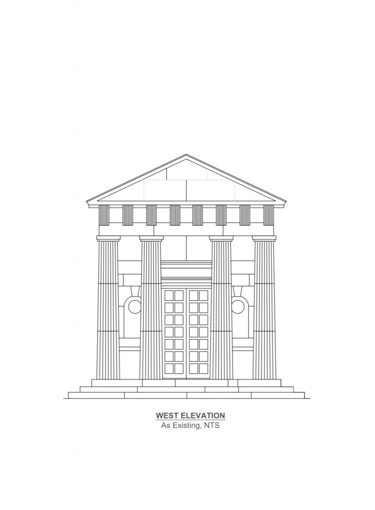 West elevation line drawing of Mount Clare Temple.