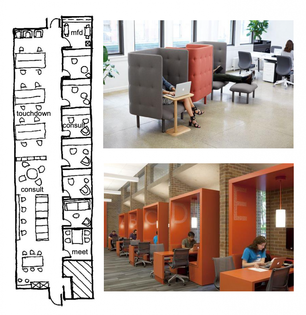 Photos of study booths and a birds eye hand drawn plan of study and social areas with chairs and desks.